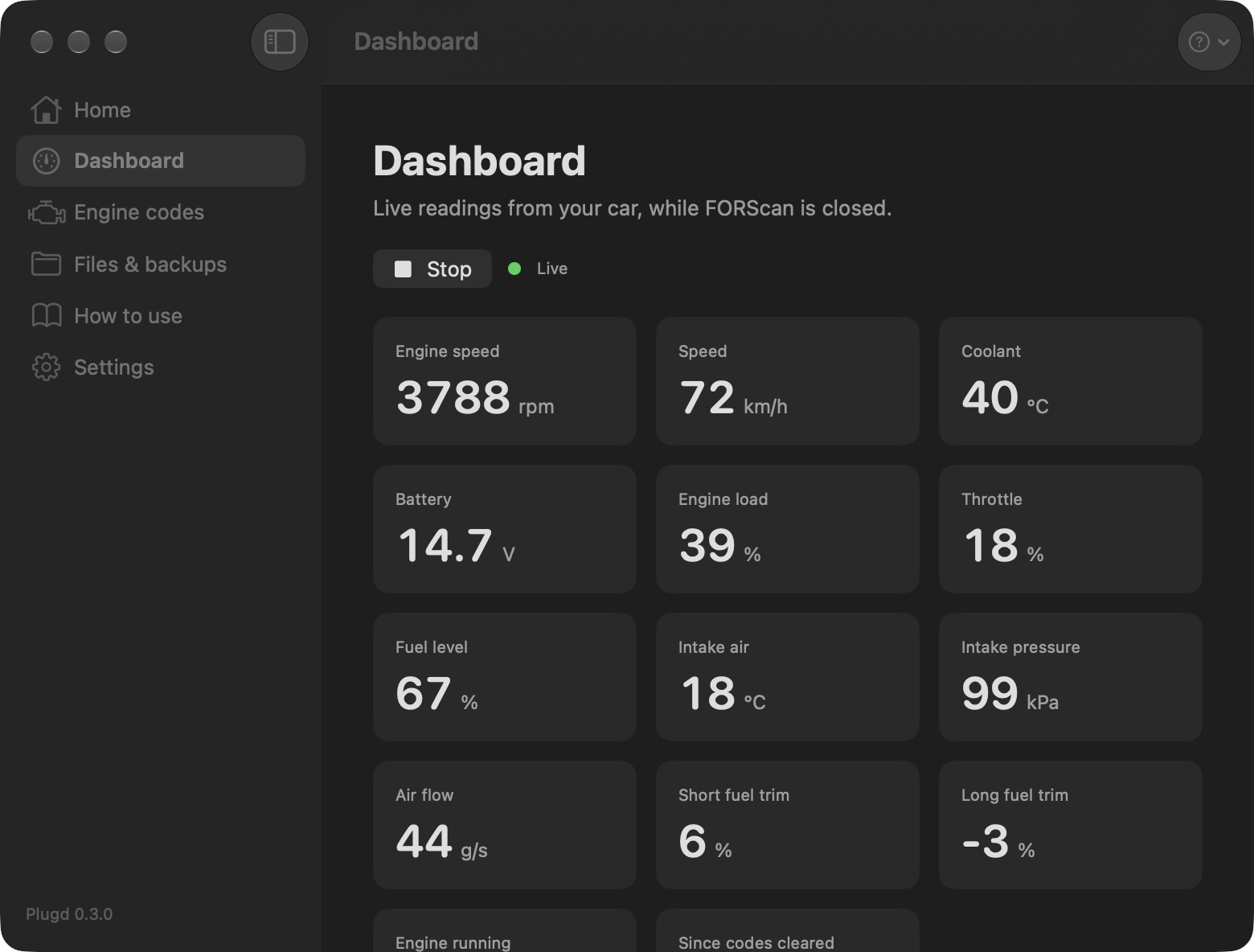 Plugd Dashboard with live engine speed, speed, coolant and battery readings