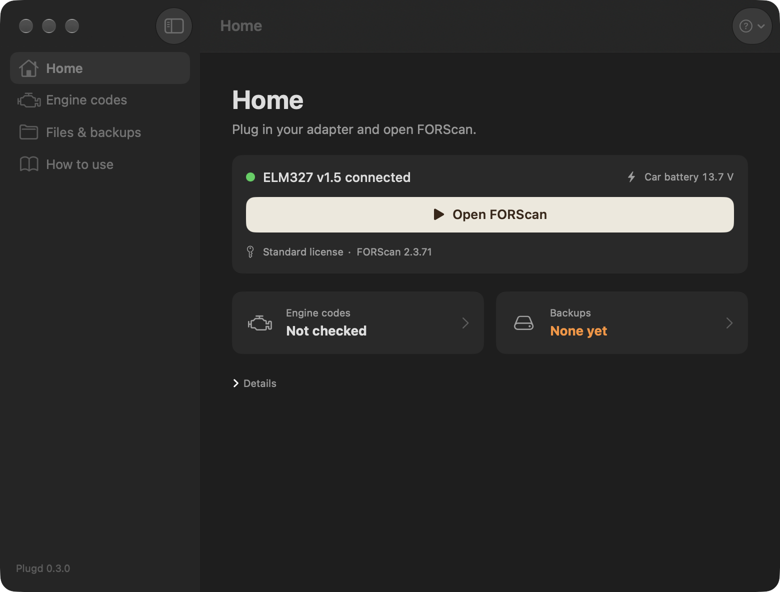 Plugd Home page with adapter status and Open FORScan button